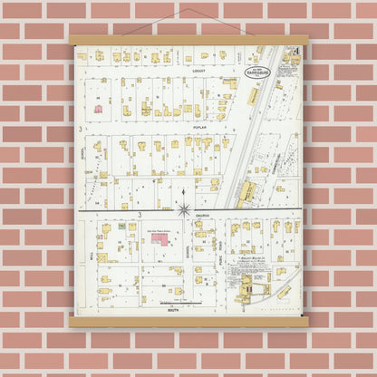 Old map wall art mockup — magnetic wood frame on brick wall — Sanborn Fire Insurance Map from Harrisburg, Saline County, Illinois (1900), Sheet #0004