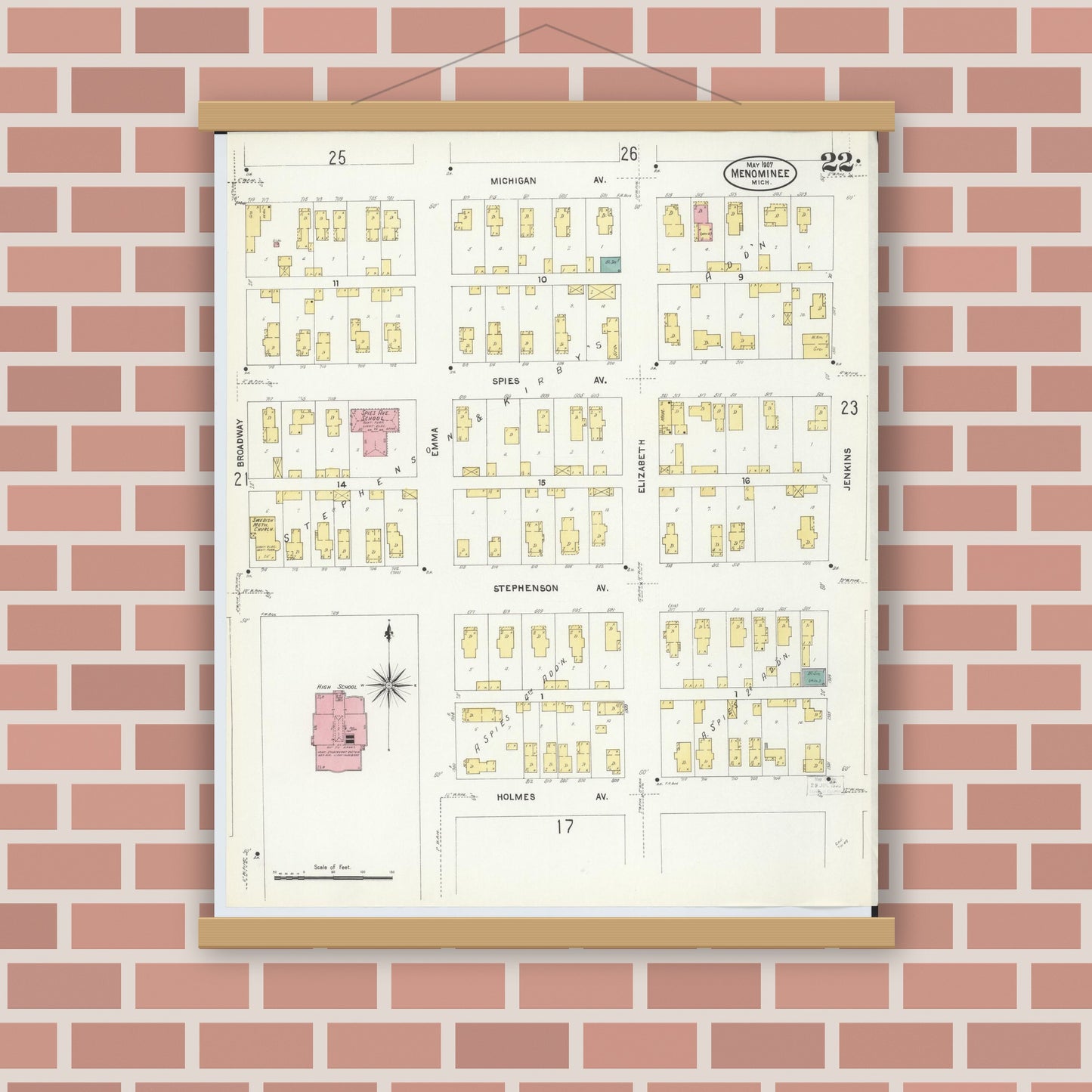 Old map wall art mockup — magnetic wood frame on brick wall — Sanborn Fire Insurance Map from Menominee, Menominee County, Michigan (1907), Sheet #0022