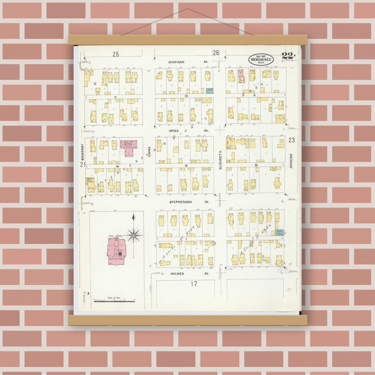 Old map wall art mockup — magnetic wood frame on brick wall — Sanborn Fire Insurance Map from Menominee, Menominee County, Michigan (1907), Sheet #0022