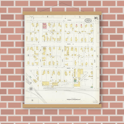 Old map wall art mockup — magnetic wood frame on brick wall — Sanborn Fire Insurance Map from Elwood, Madison County, Indiana (1899), Sheet #0010