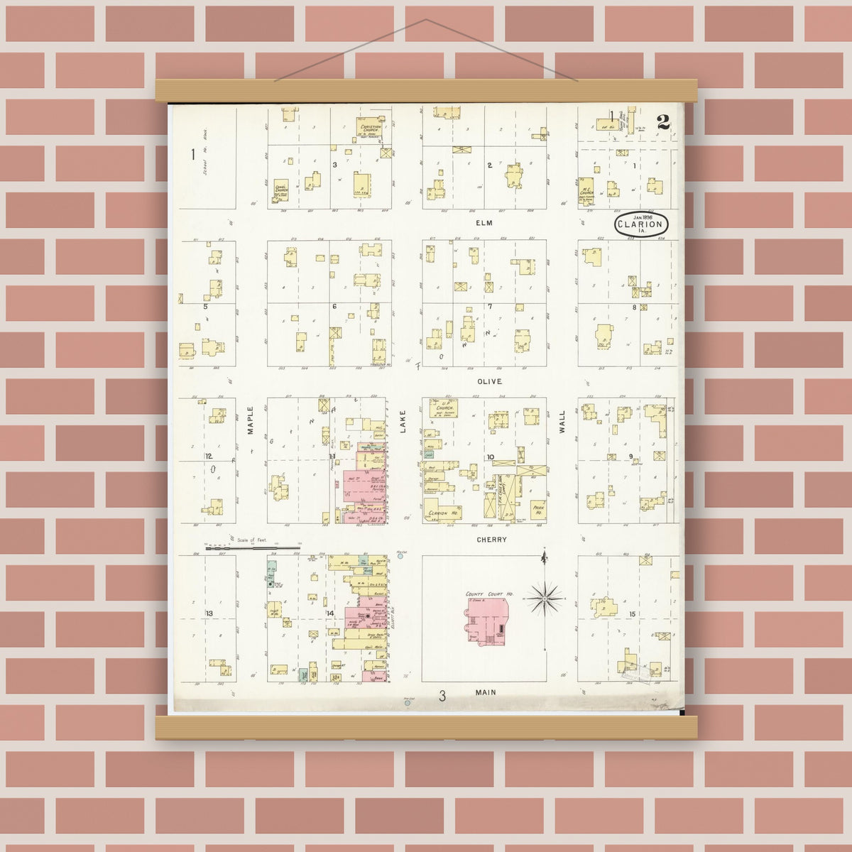 Old map wall art mockup — magnetic wood frame on brick wall — Sanborn Fire Insurance Map from Clarion, Wright County, Iowa (1896), Sheet #0002