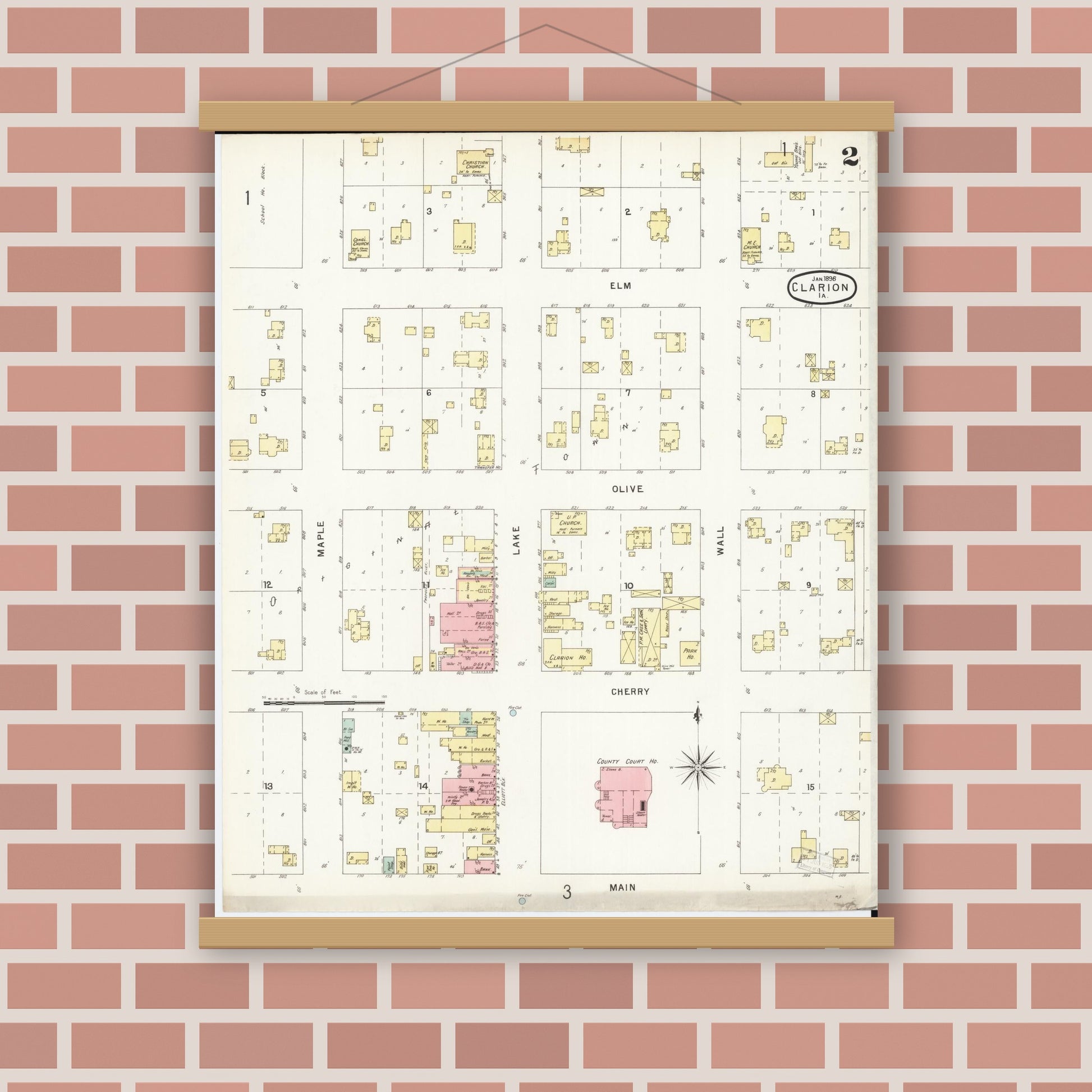 Old map wall art mockup — magnetic wood frame on brick wall — Sanborn Fire Insurance Map from Clarion, Wright County, Iowa (1896), Sheet #0002