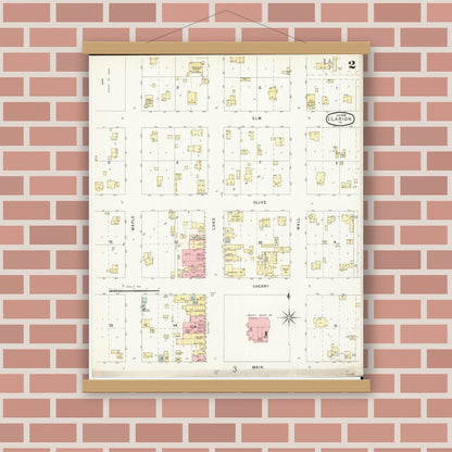 Old map wall art mockup — magnetic wood frame on brick wall — Sanborn Fire Insurance Map from Clarion, Wright County, Iowa (1896), Sheet #0002