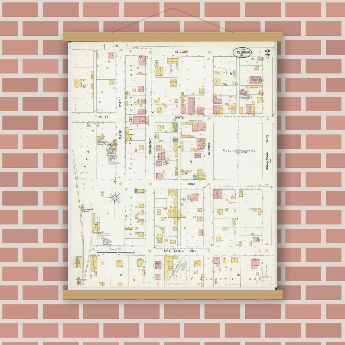 Old map wall art mockup — magnetic wood frame on brick wall — Sanborn Fire Insurance Map from Freeburg, Saint Clair County, Illinois (1900), Sheet #0002
