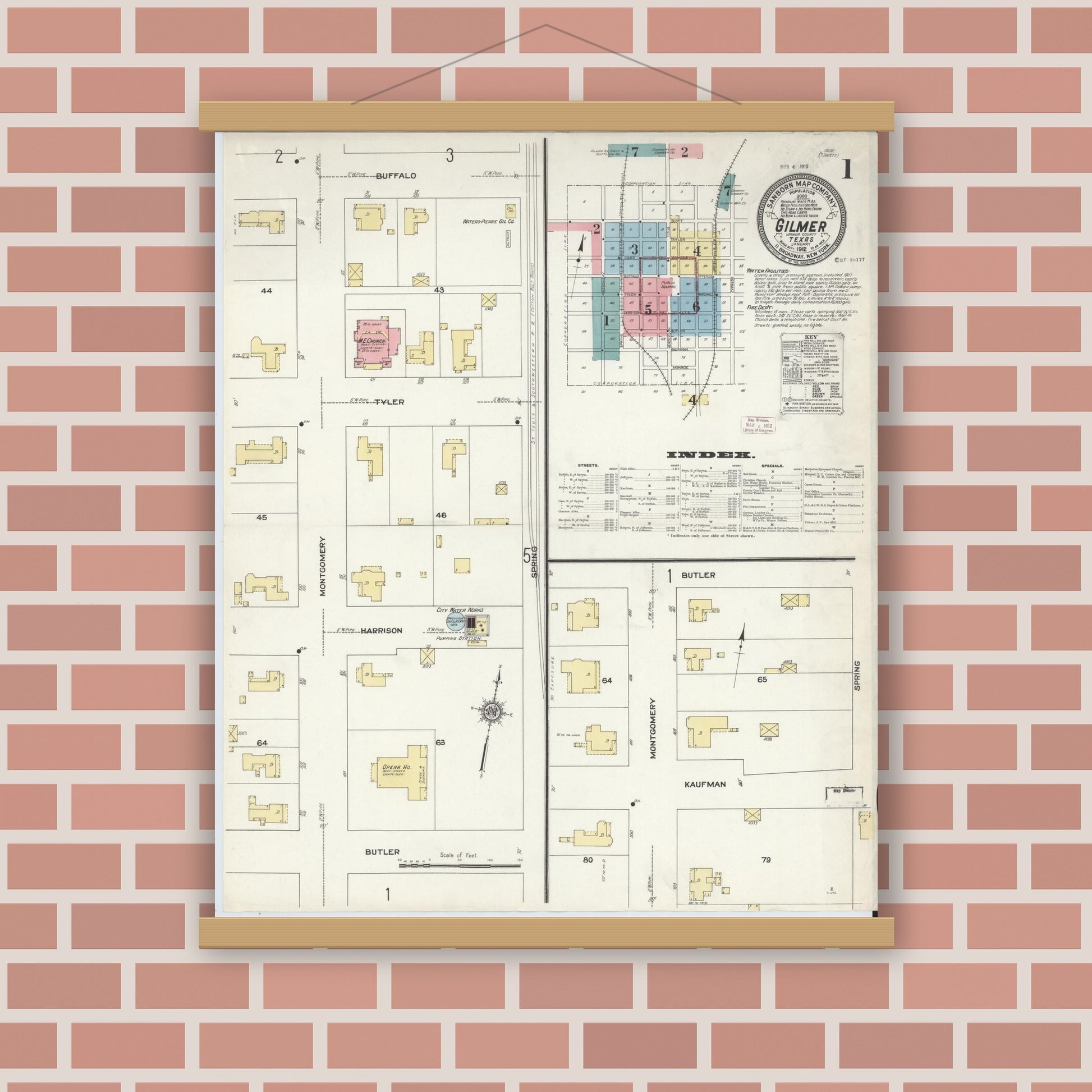 Old map wall art mockup — magnetic wood frame on brick wall — Sanborn Fire Insurance Map from Gilmer, Upshur County, Texas (1912) - Complete Map Set