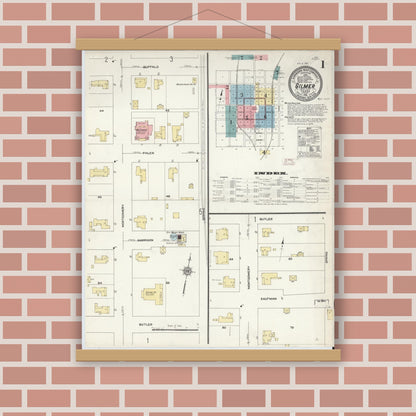 Old map wall art mockup — magnetic wood frame on brick wall — Sanborn Fire Insurance Map from Gilmer, Upshur County, Texas (1912) - Complete Map Set