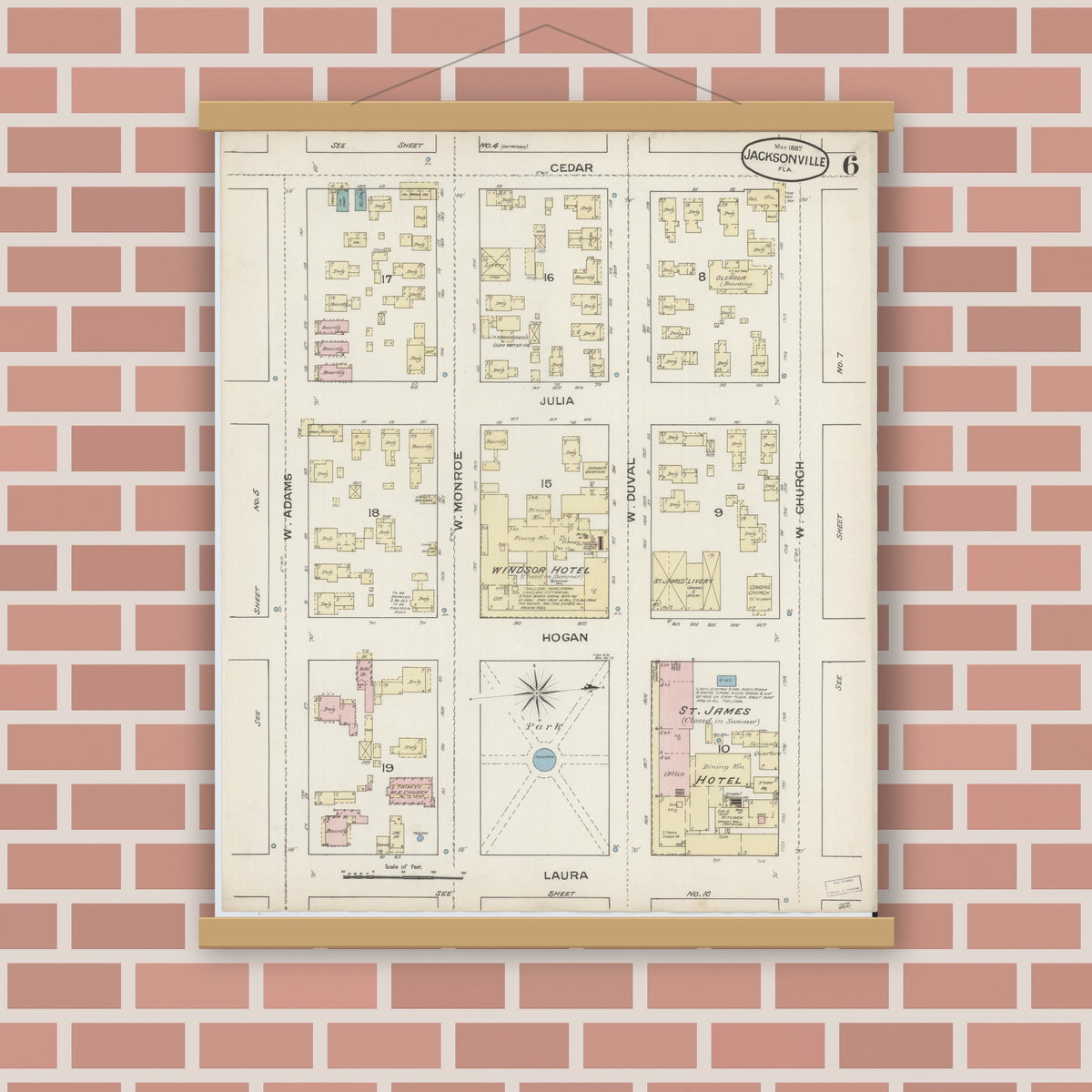 Old map wall art mockup — magnetic wood frame on brick wall — Sanborn Fire Insurance Map from Jacksonville, Duval County, Florida (1887), Sheet #0006