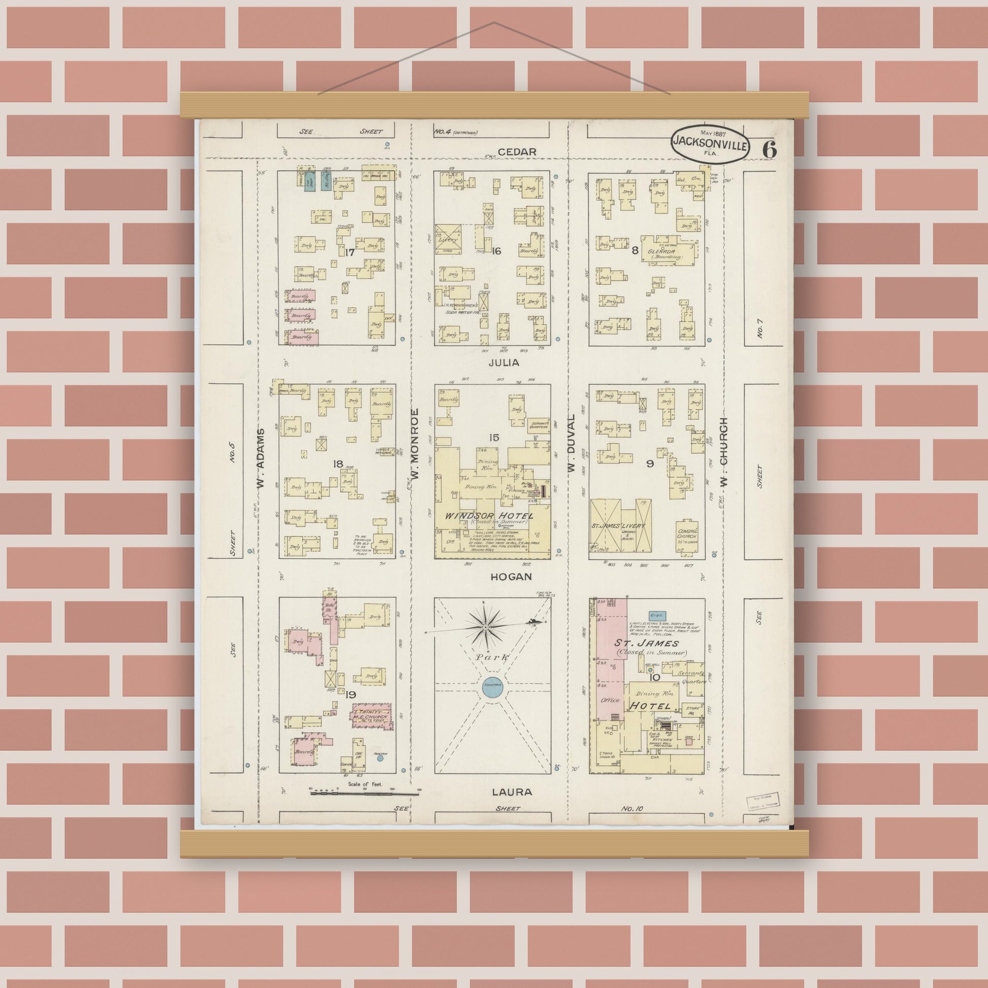 Old map wall art mockup — magnetic wood frame on brick wall — Sanborn Fire Insurance Map from Jacksonville, Duval County, Florida (1887), Sheet #0006