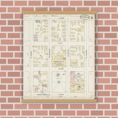 Old map wall art mockup — magnetic wood frame on brick wall — Sanborn Fire Insurance Map from Jacksonville, Duval County, Florida (1887), Sheet #0006