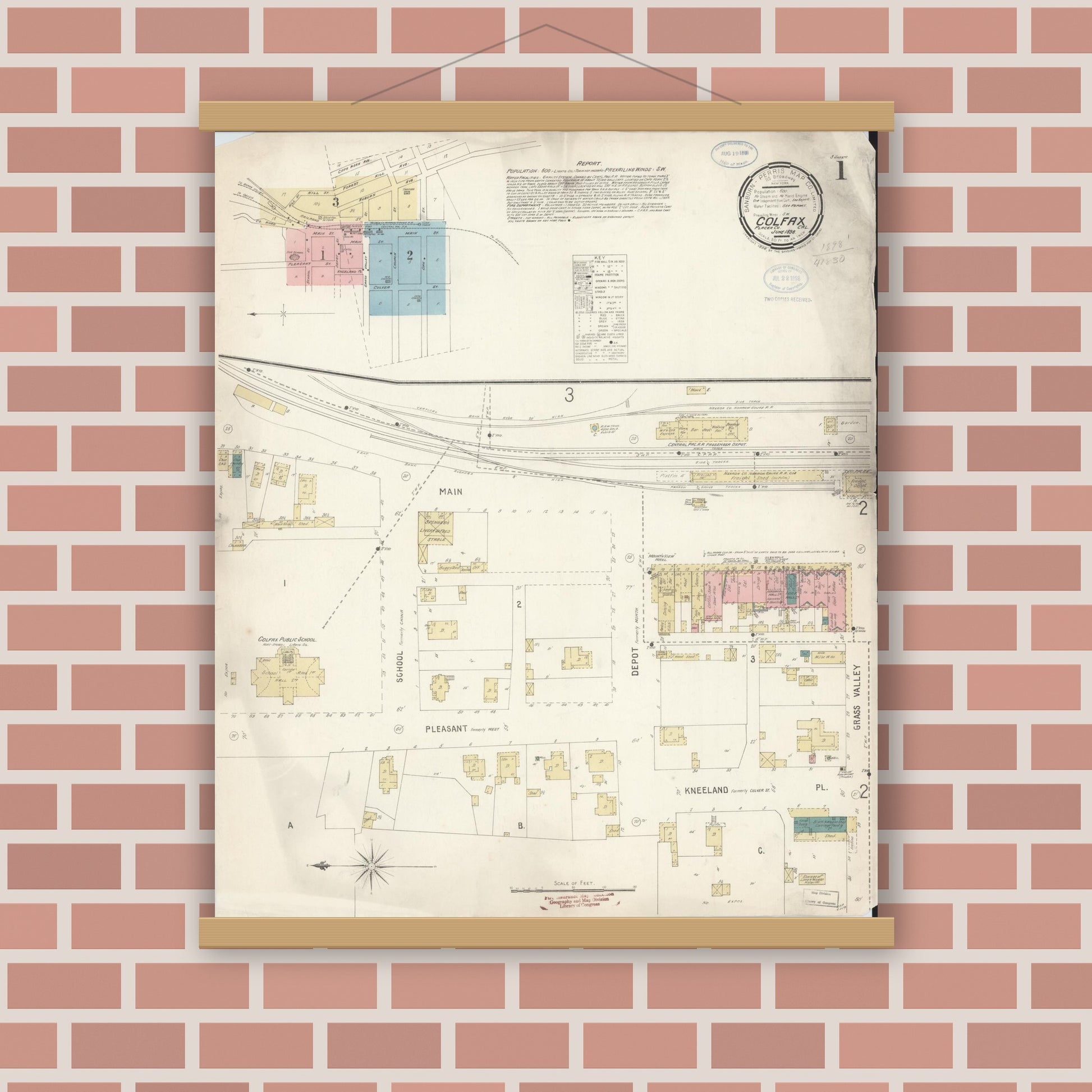 Old map wall art mockup — magnetic wood frame on brick wall — Sanborn Fire Insurance Map from Colfax, Placer County, California (1898) - Complete Map Set