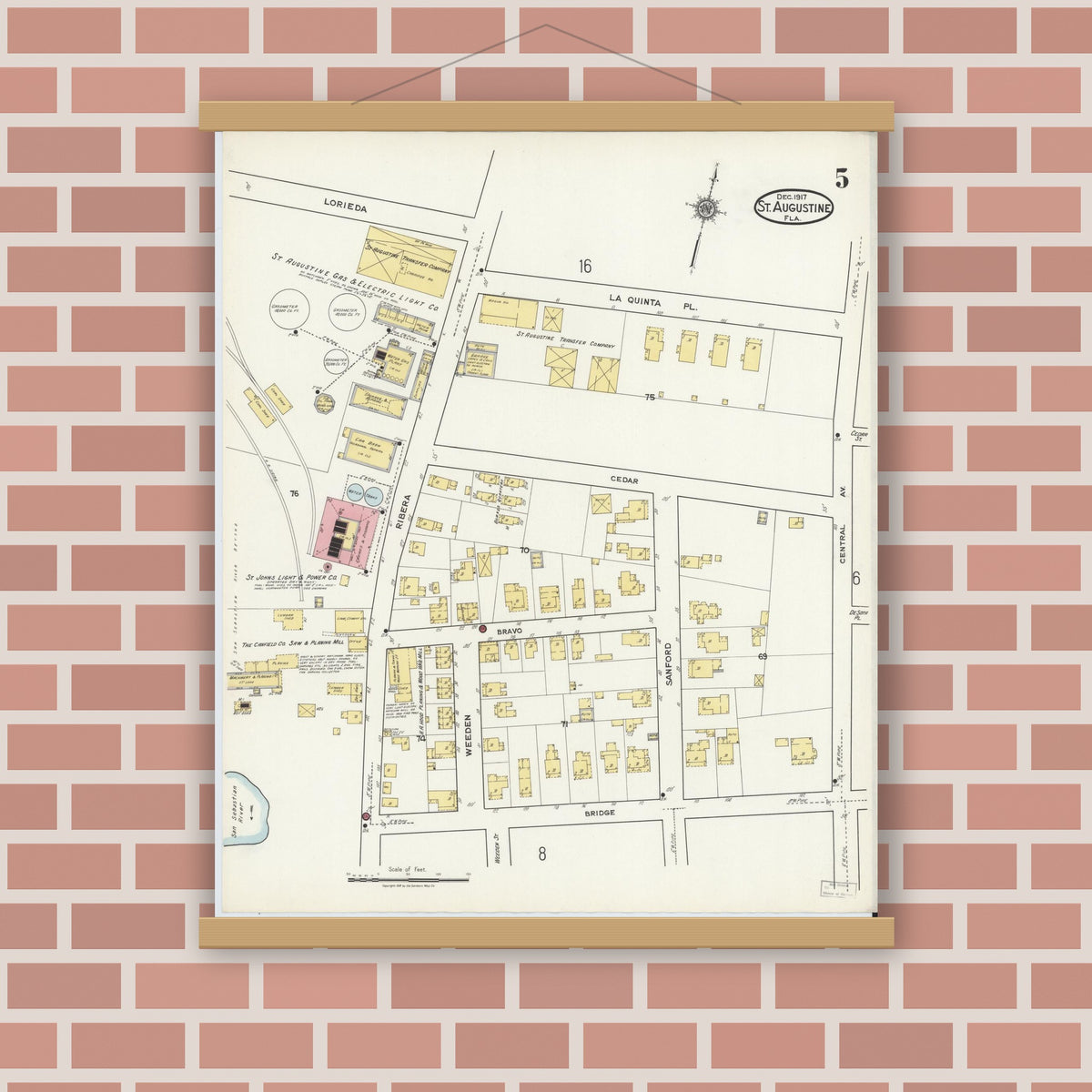 Old map wall art mockup — magnetic wood frame on brick wall — Sanborn Fire Insurance Map from Saint Augustine, Saint John's County, Florida (1917), Sheet #0005