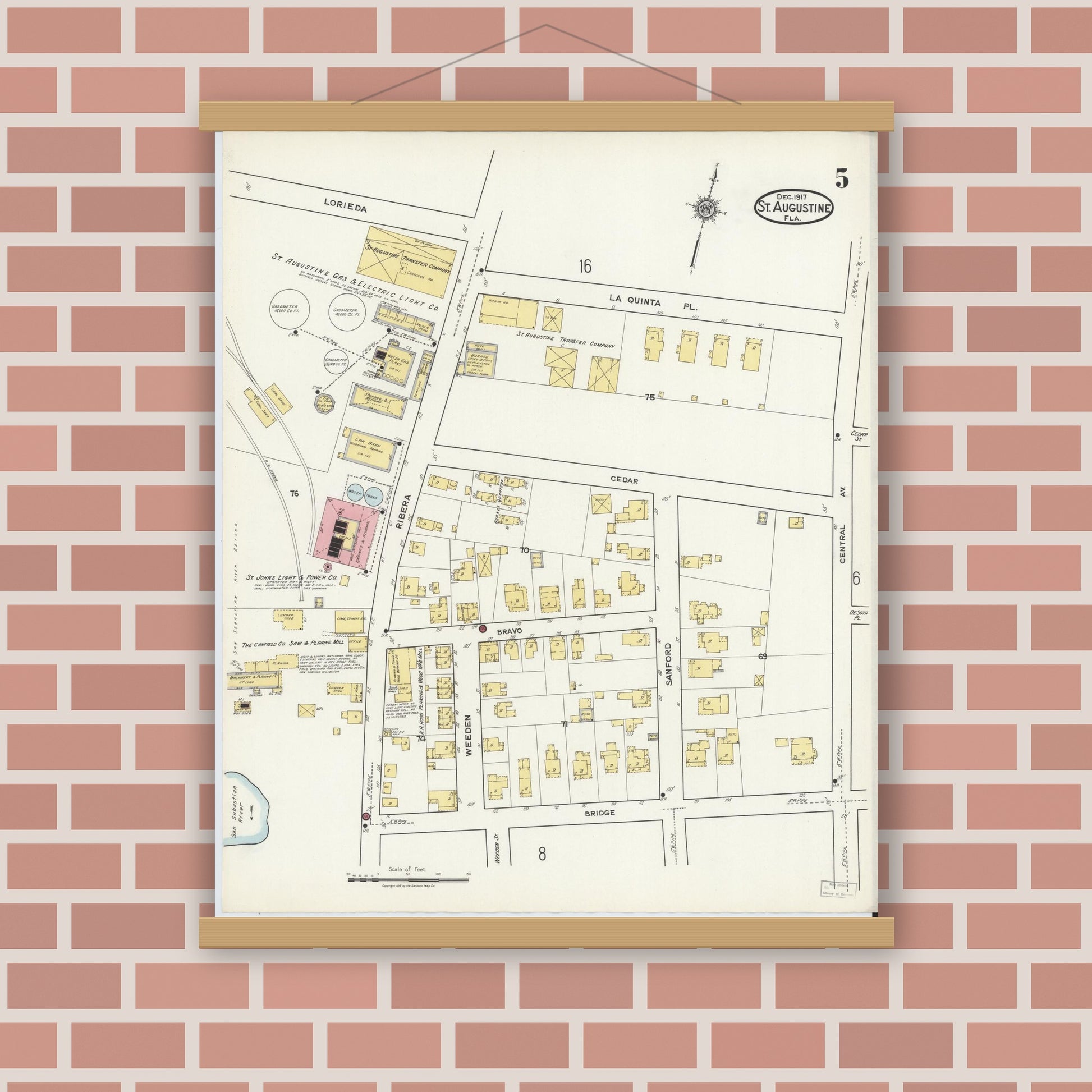Old map wall art mockup — magnetic wood frame on brick wall — Sanborn Fire Insurance Map from Saint Augustine, Saint John's County, Florida (1917), Sheet #0005