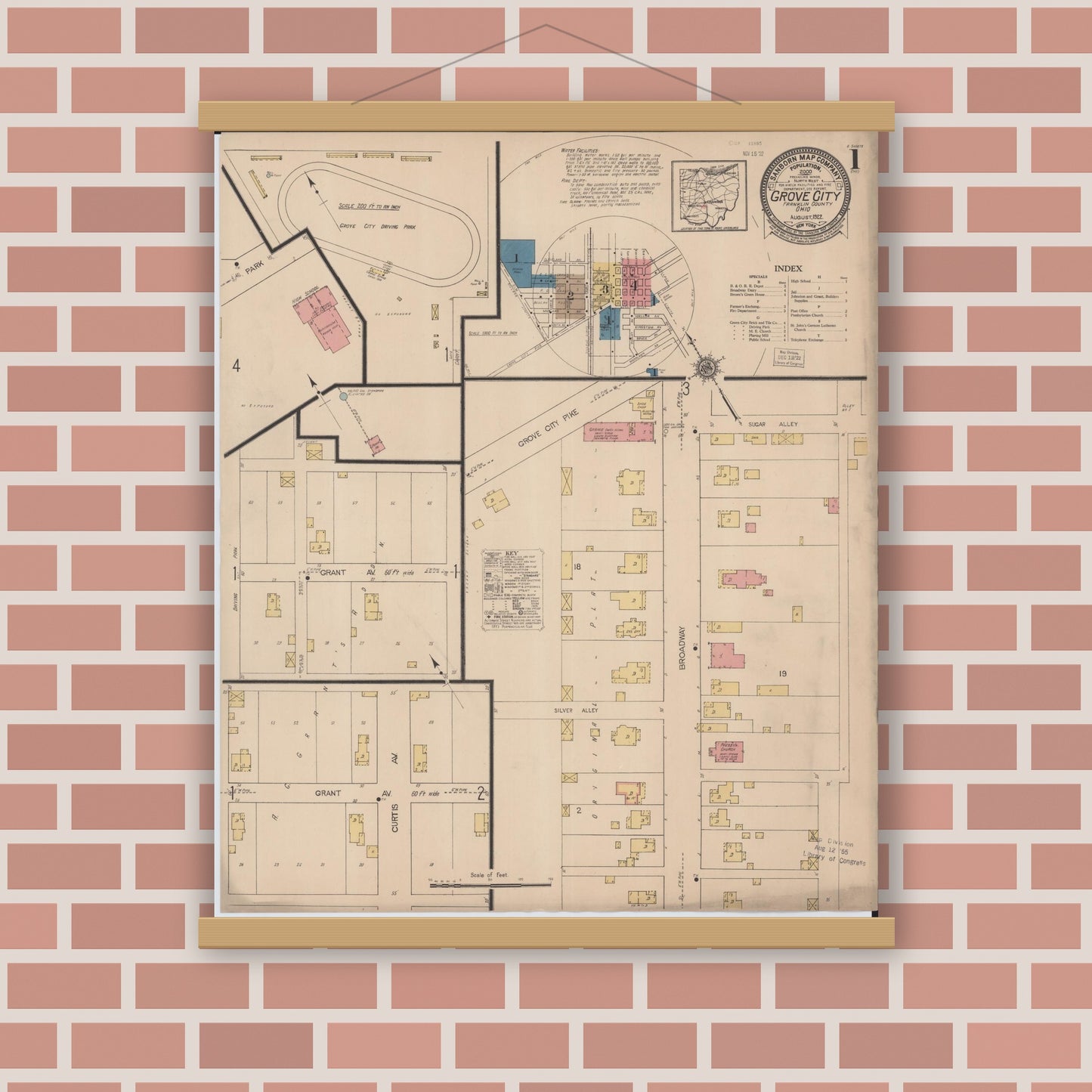 Old map wall art mockup — magnetic wood frame on brick wall — Sanborn Fire Insurance Map from Grove City, Franklin County, Ohio (1922), Sheet #0001