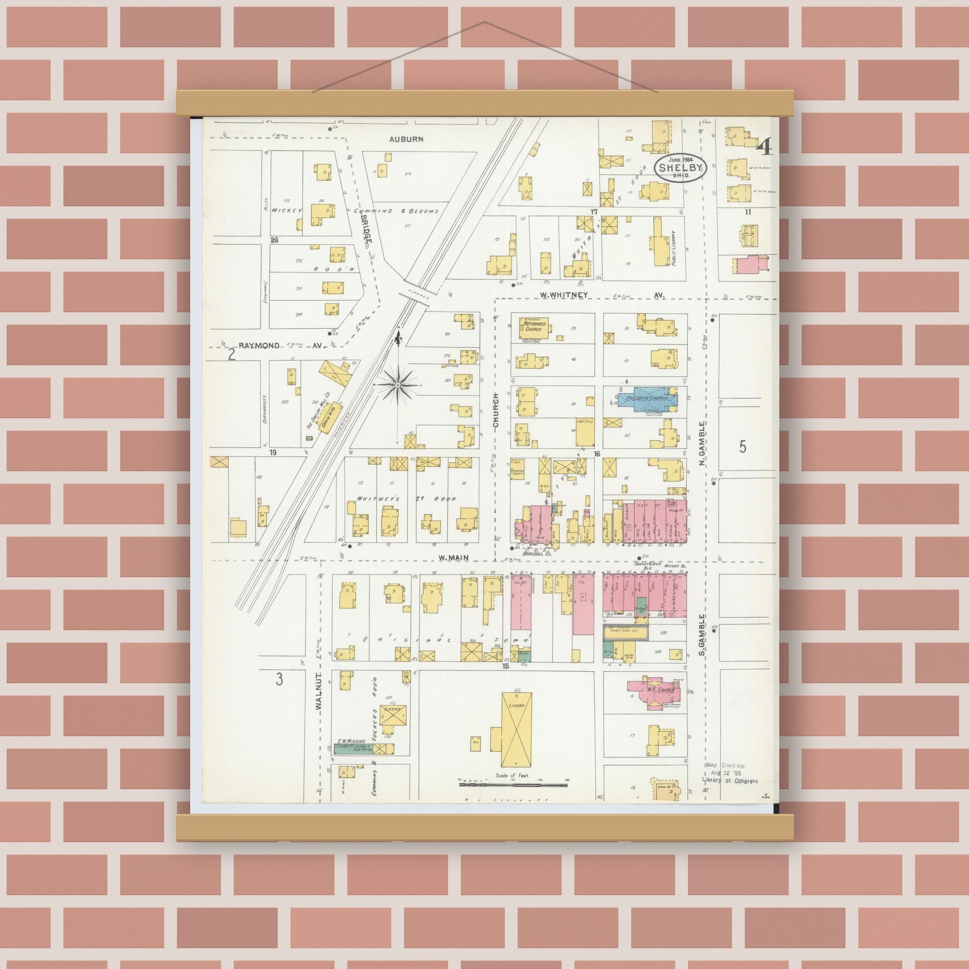 Old map wall art mockup — magnetic wood frame on brick wall — Sanborn Fire Insurance Map from Shelby, Richland County, Ohio (1904), Sheet #0004