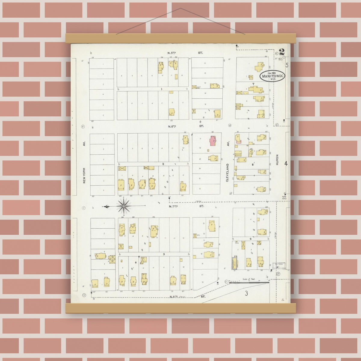 Old map wall art mockup — magnetic wood frame on brick wall — Sanborn Fire Insurance Map from Manitowoc, Manitowoc County, Wisconsin (1906), Sheet #0002