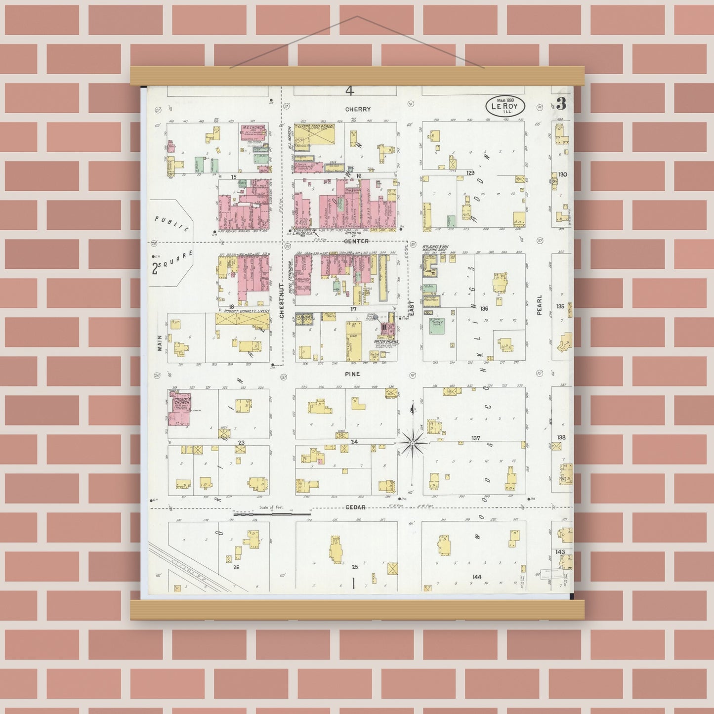 Old map wall art mockup — magnetic wood frame on brick wall — Sanborn Fire Insurance Map from Leroy, McLean County, Illinois (1899), Sheet #0003