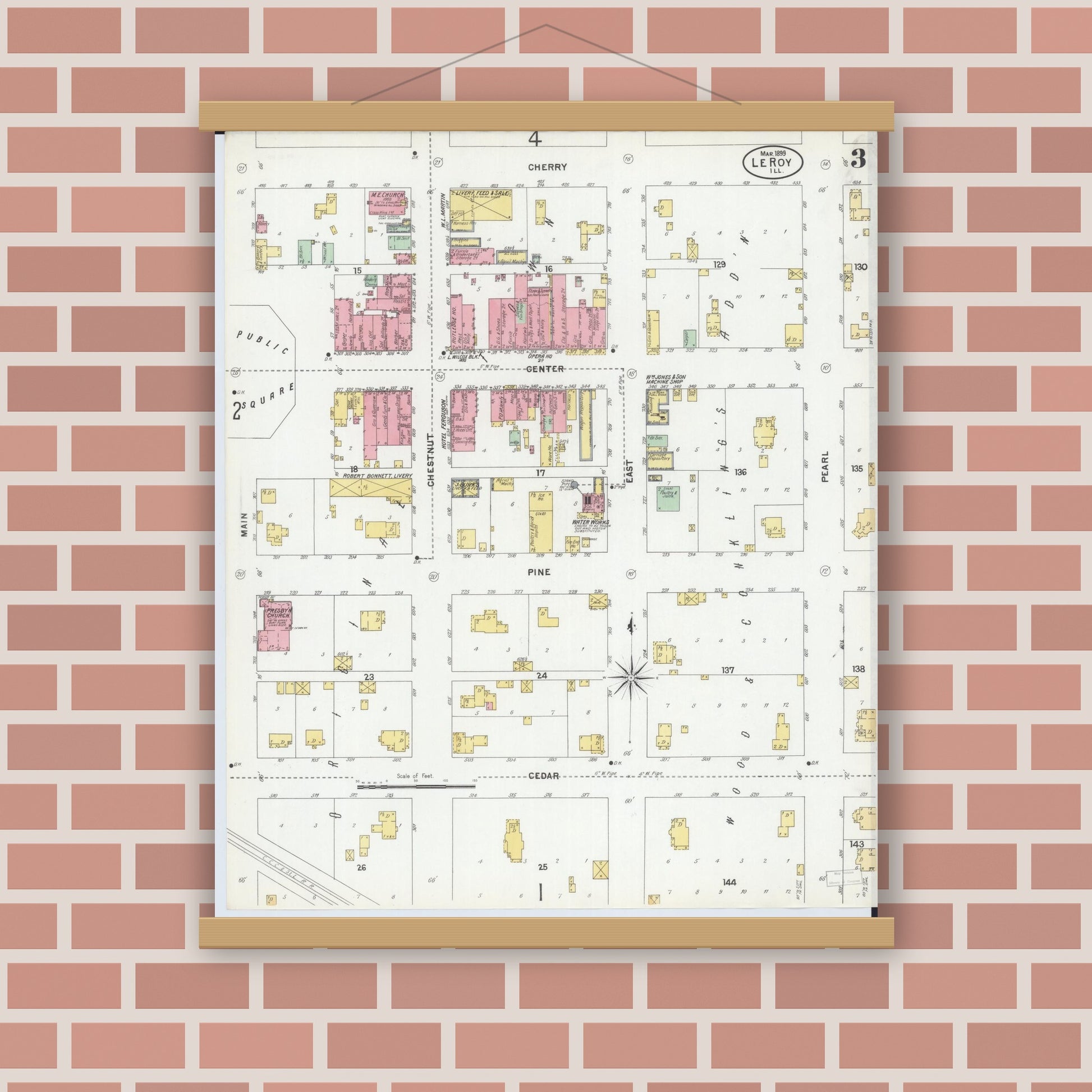 Old map wall art mockup — magnetic wood frame on brick wall — Sanborn Fire Insurance Map from Leroy, McLean County, Illinois (1899), Sheet #0003