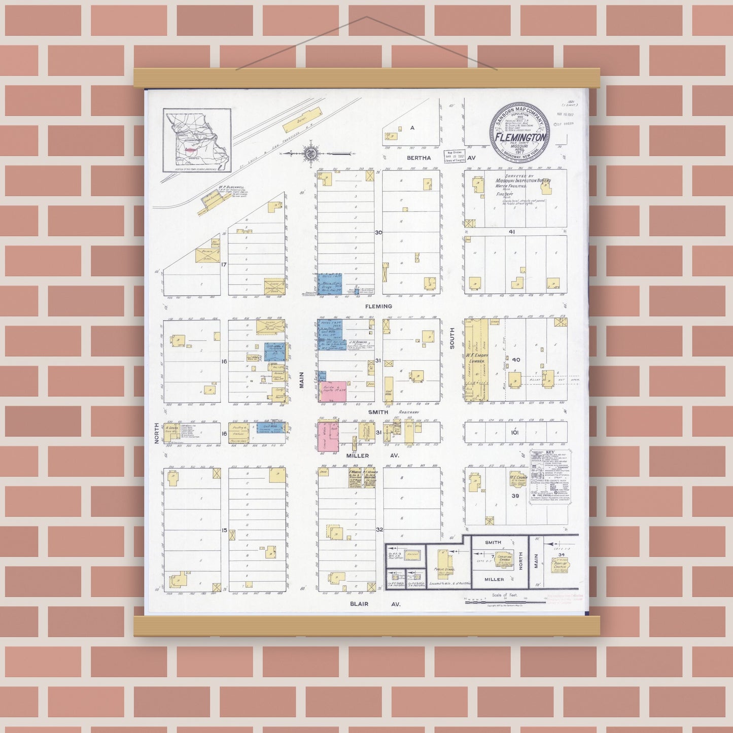 Old map wall art mockup — magnetic wood frame on brick wall — Sanborn Fire Insurance Map from Flemington, Polk County, Missouri (1917), Sheet #0001