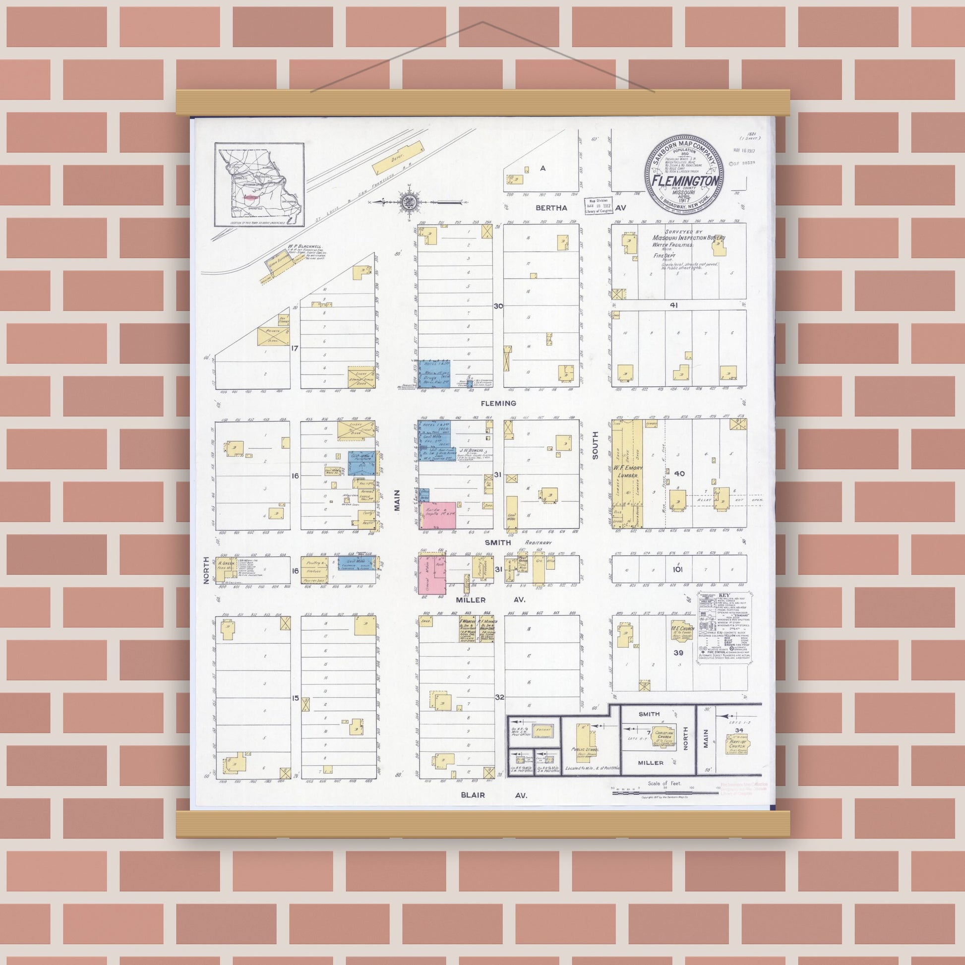Old map wall art mockup — magnetic wood frame on brick wall — Sanborn Fire Insurance Map from Flemington, Polk County, Missouri (1917), Sheet #0001