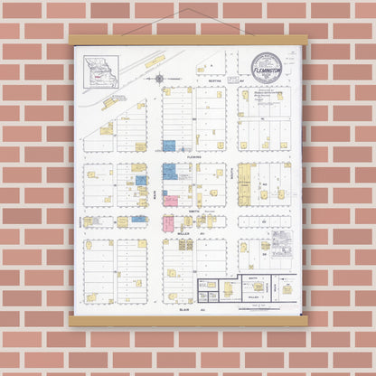 Old map wall art mockup — magnetic wood frame on brick wall — Sanborn Fire Insurance Map from Flemington, Polk County, Missouri (1917), Sheet #0001