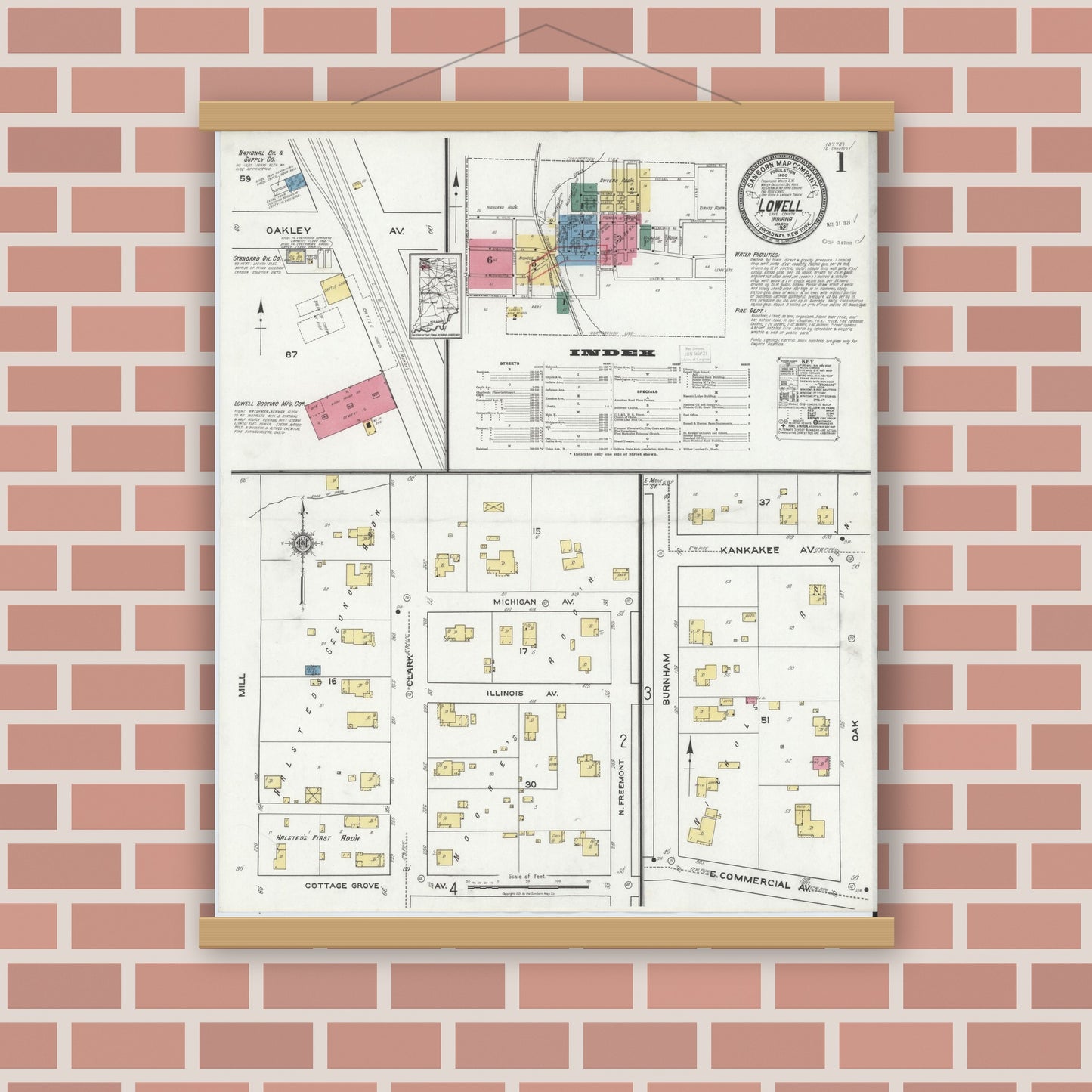 Old map wall art mockup — magnetic wood frame on brick wall — Sanborn Fire Insurance Map from Lowell, Lake County, Indiana (1921) - Complete Map Set
