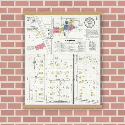 Old map wall art mockup — magnetic wood frame on brick wall — Sanborn Fire Insurance Map from Lowell, Lake County, Indiana (1921) - Complete Map Set