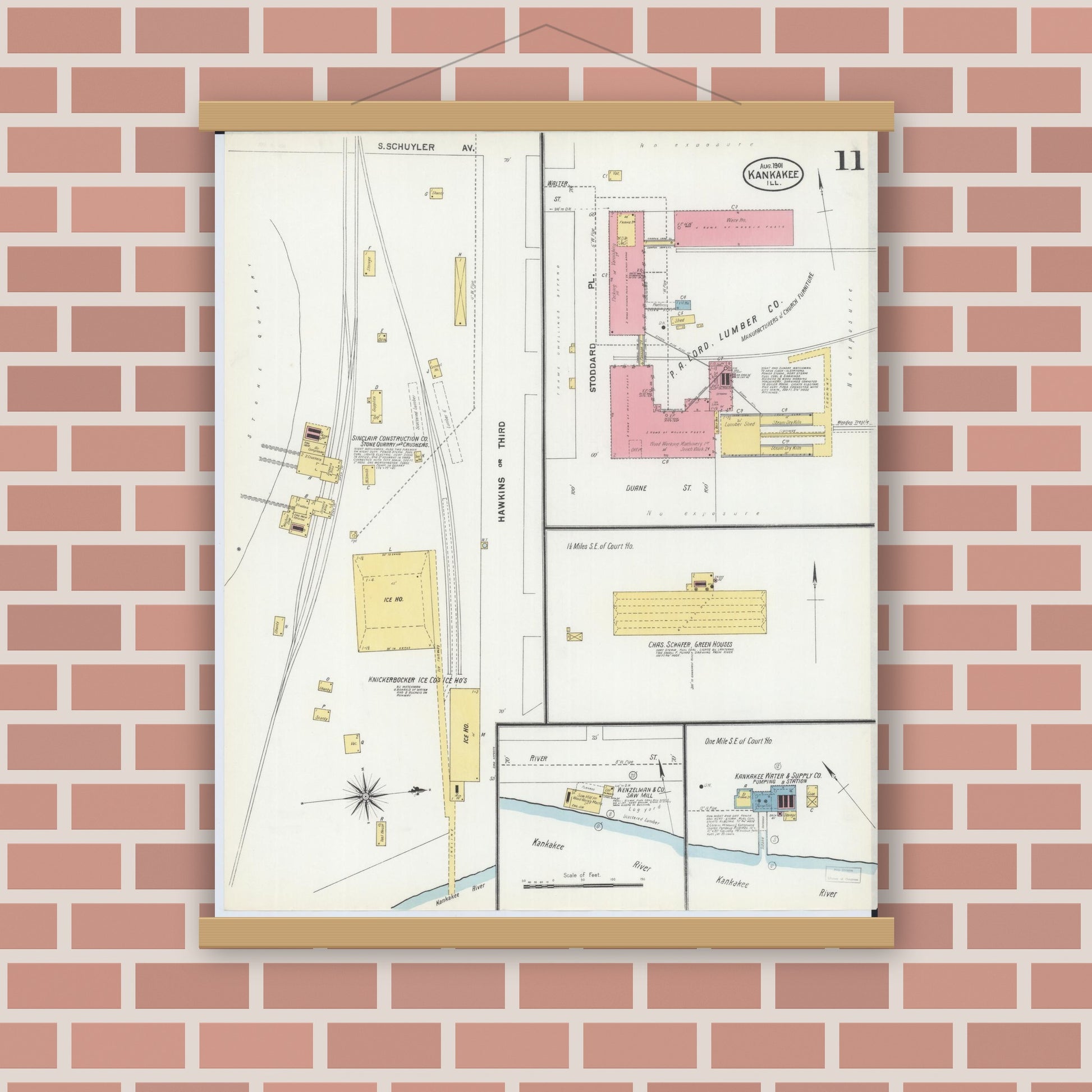 Old map wall art mockup — magnetic wood frame on brick wall — Sanborn Fire Insurance Map from Kankakee, Kankakee County, Illinois (1901), Sheet #0011