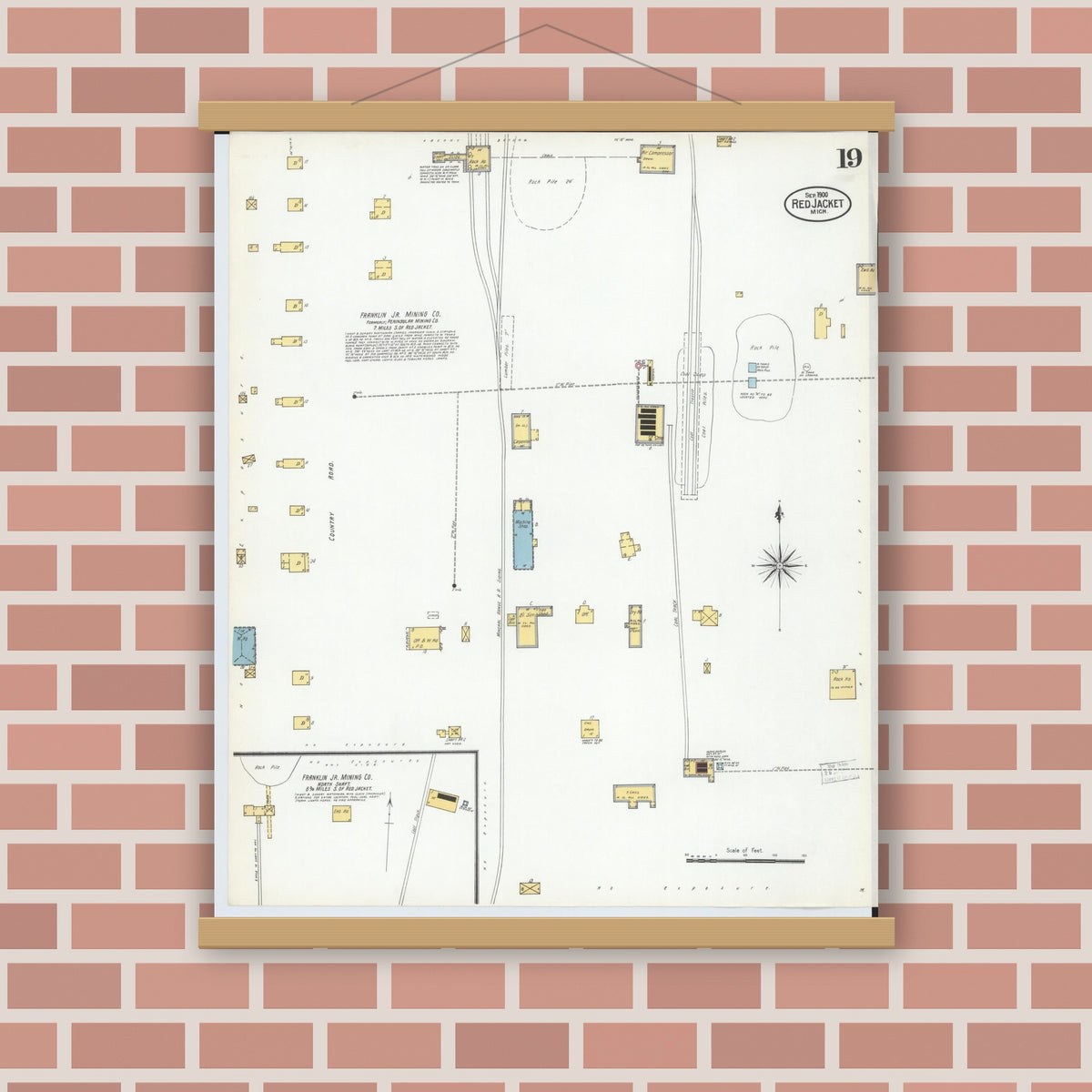Old map wall art mockup — magnetic wood frame on brick wall — Sanborn Fire Insurance Map from Red Jacket, Houghton County, Michigan (1900), Sheet #0019