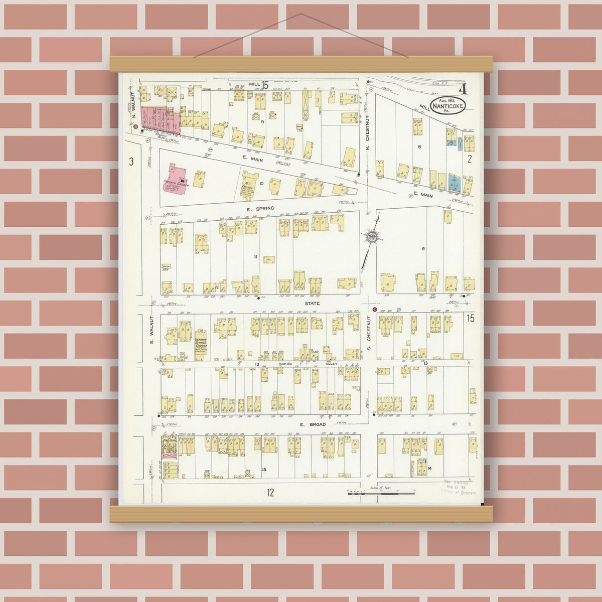 Old map wall art mockup — magnetic wood frame on brick wall — Sanborn Fire Insurance Map from Nanticoke, Luzerne County, Pennsylvania (1912), Sheet #0004
