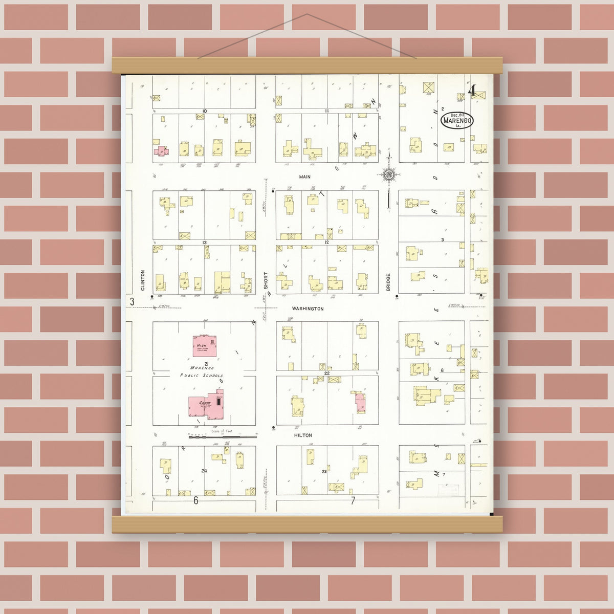 Old map wall art mockup — magnetic wood frame on brick wall — Sanborn Fire Insurance Map from Marengo, Iowa County, Iowa (1911), Sheet #0004