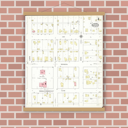 Old map wall art mockup — magnetic wood frame on brick wall — Sanborn Fire Insurance Map from Marengo, Iowa County, Iowa (1911), Sheet #0004
