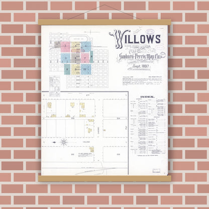 Old map wall art mockup — magnetic wood frame on brick wall — Sanborn Fire Insurance Map from Willows, Glenn County, California (1897) - Complete Map Set