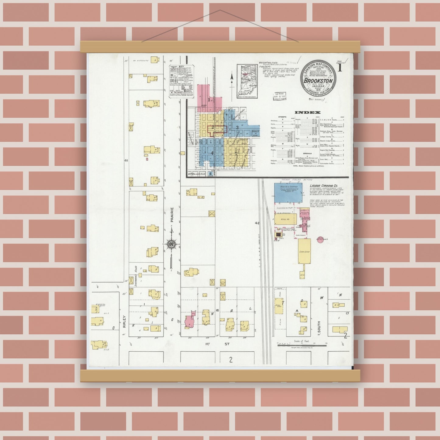 Old map wall art mockup — magnetic wood frame on brick wall — Sanborn Fire Insurance Map from Brookston, White County, Indiana (1919) - Complete Map Set