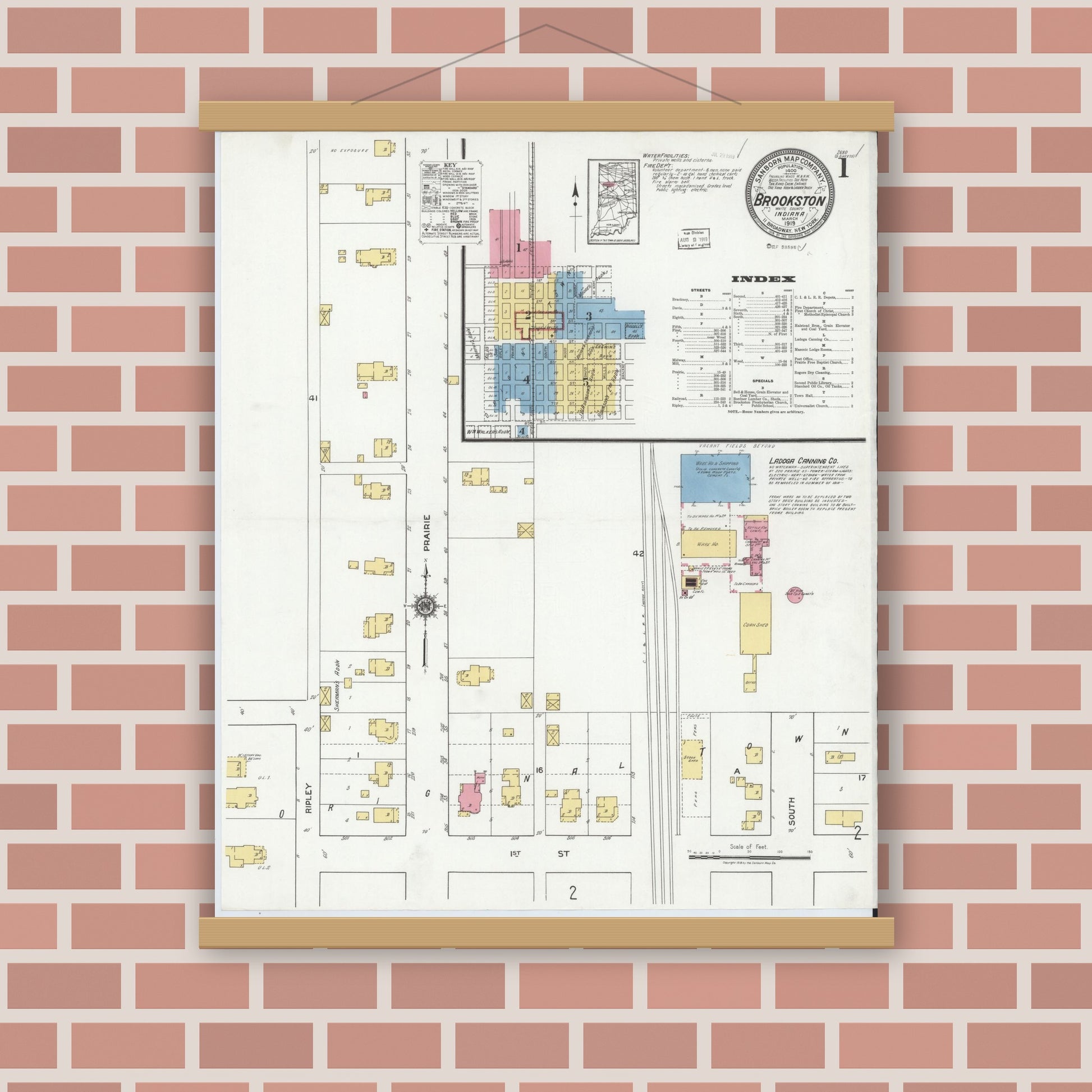 Old map wall art mockup — magnetic wood frame on brick wall — Sanborn Fire Insurance Map from Brookston, White County, Indiana (1919) - Complete Map Set