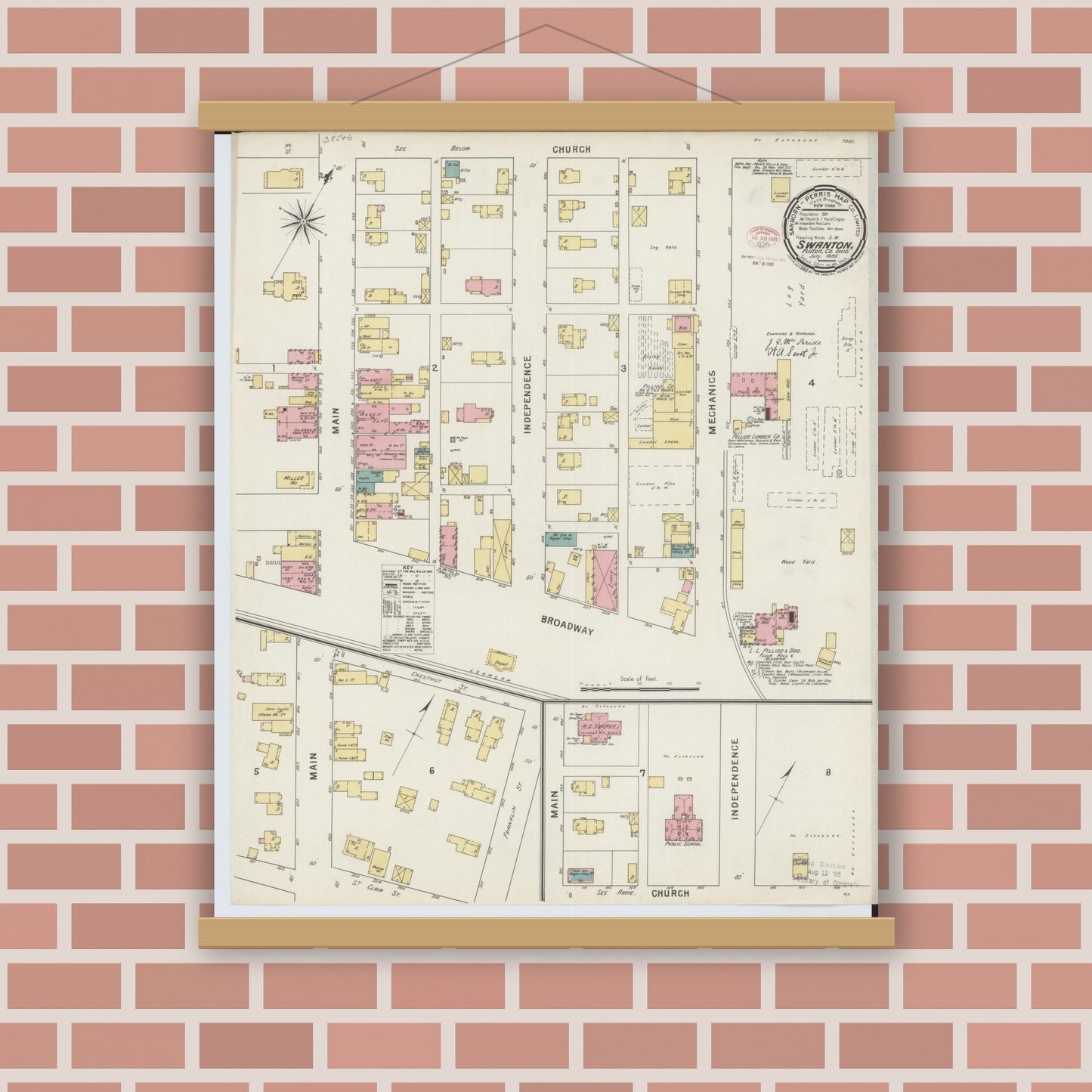 Old map wall art mockup — magnetic wood frame on brick wall — Sanborn Fire Insurance Map from Swanton, Fulton County, Ohio (1895), Sheet #0001