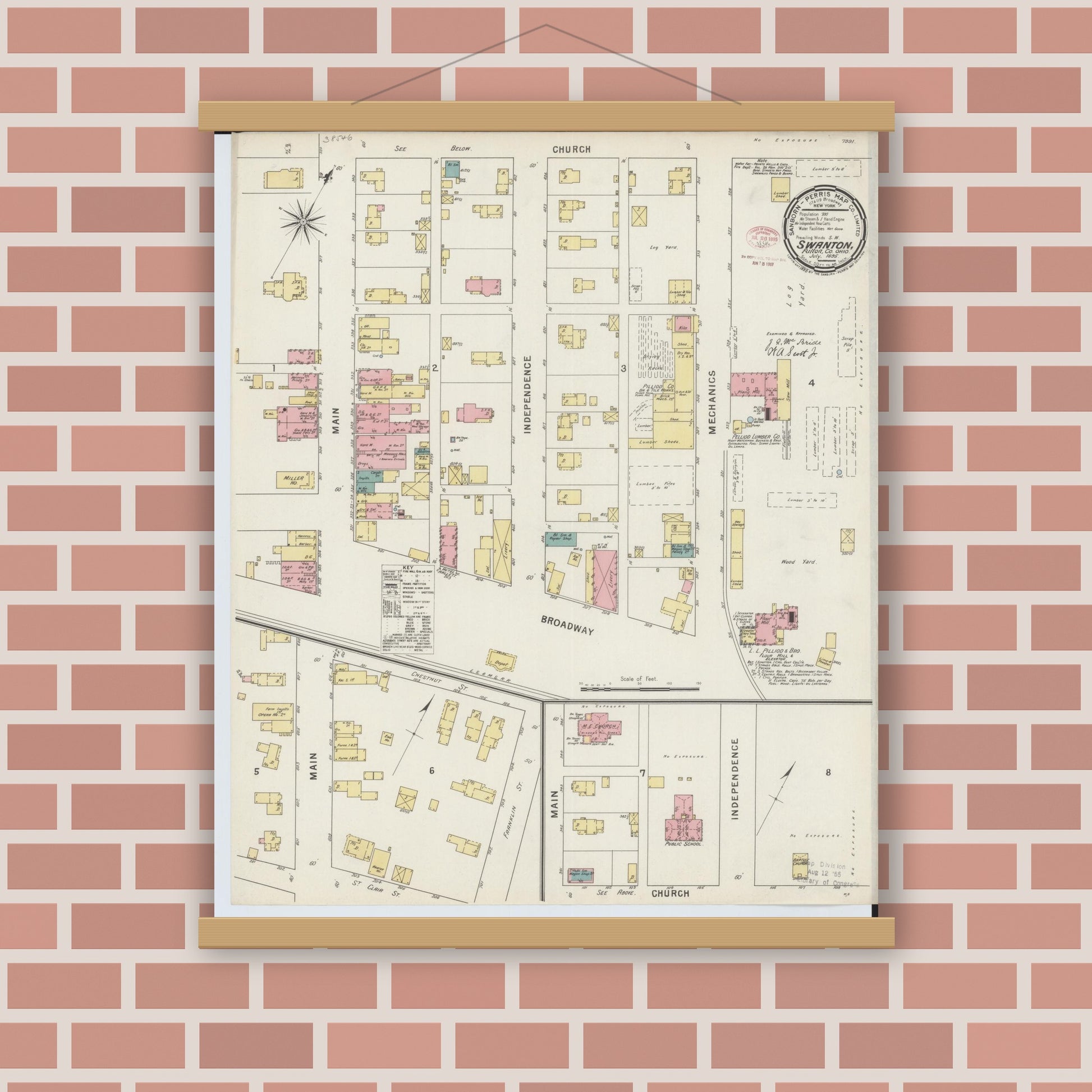 Old map wall art mockup — magnetic wood frame on brick wall — Sanborn Fire Insurance Map from Swanton, Fulton County, Ohio (1895), Sheet #0001