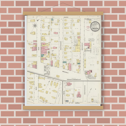 Old map wall art mockup — magnetic wood frame on brick wall — Sanborn Fire Insurance Map from Swanton, Fulton County, Ohio (1895), Sheet #0001