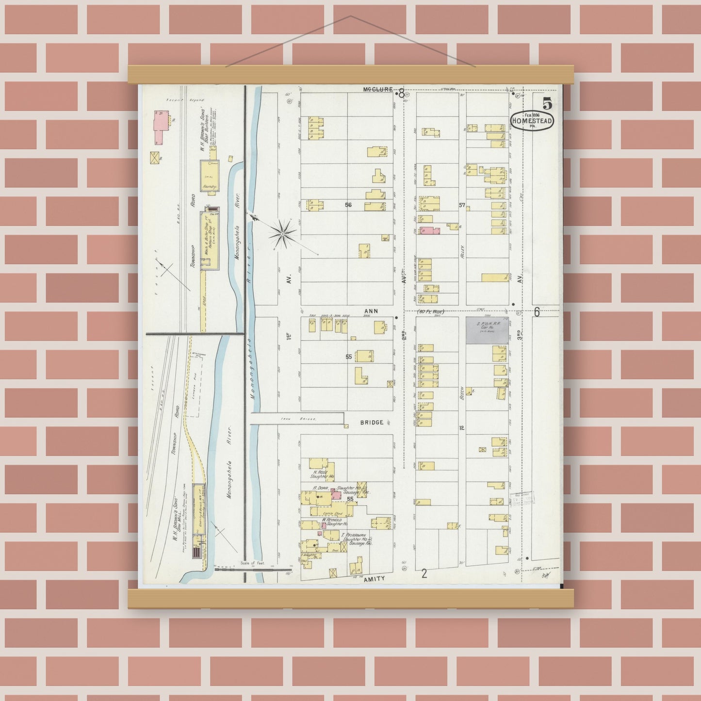 Old map wall art mockup — magnetic wood frame on brick wall — Sanborn Fire Insurance Map from Homestead, Allegheny County, Pennsylvania (1896), Sheet #0005
