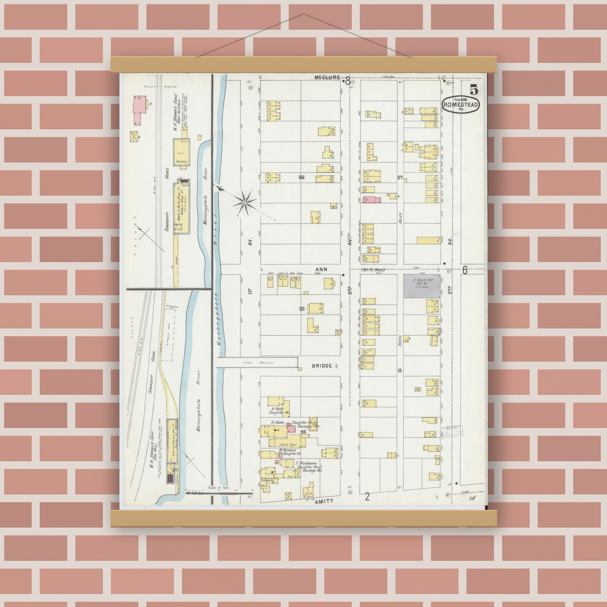 Old map wall art mockup — magnetic wood frame on brick wall — Sanborn Fire Insurance Map from Homestead, Allegheny County, Pennsylvania (1896), Sheet #0005