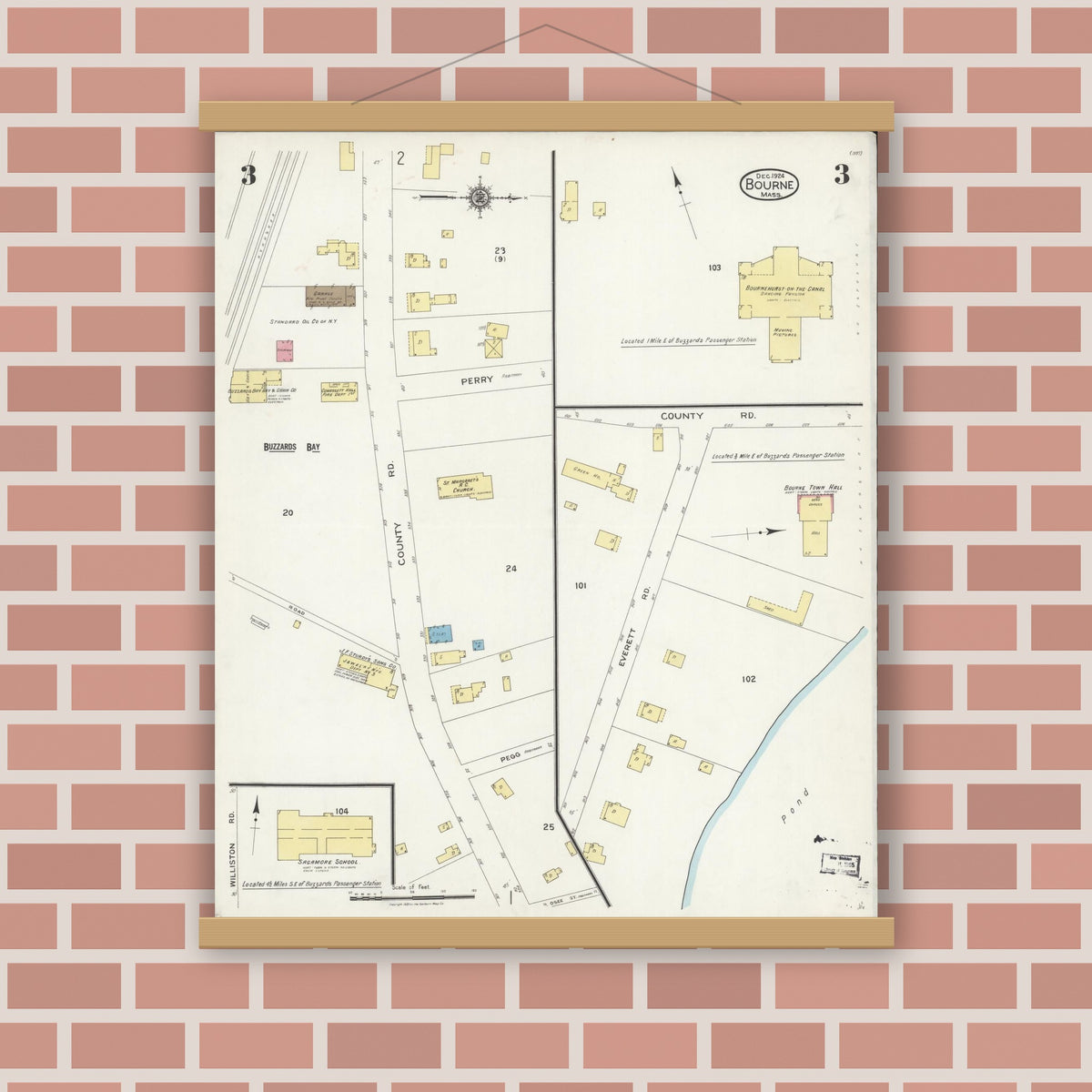 Old map wall art mockup — magnetic wood frame on brick wall — Sanborn Fire Insurance Map from Bourne, Barnstable County, Massachusetts (1924), Sheet #0003