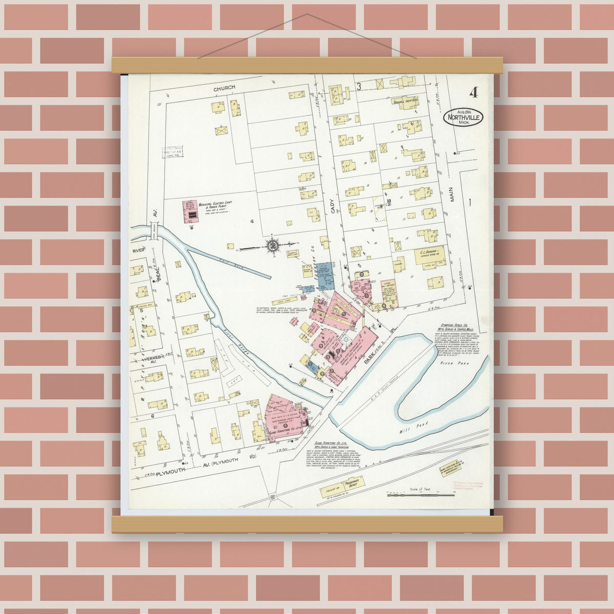 Old map wall art mockup — magnetic wood frame on brick wall — Sanborn Fire Insurance Map from Northville, Wayne County, Michigan (1914), Sheet #0004