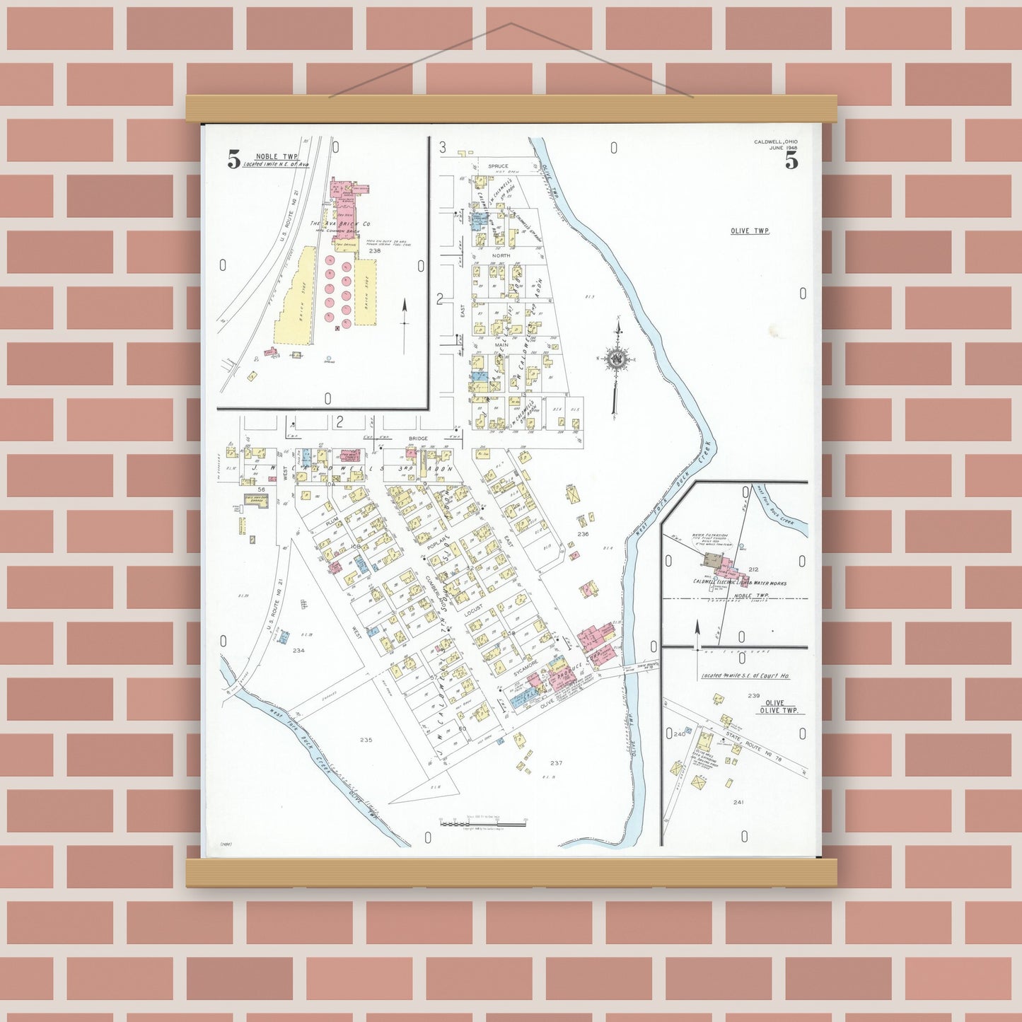 Old map wall art mockup — magnetic wood frame on brick wall — Sanborn Fire Insurance Map from Caldwell, Noble County, Ohio (1948), Sheet #0005