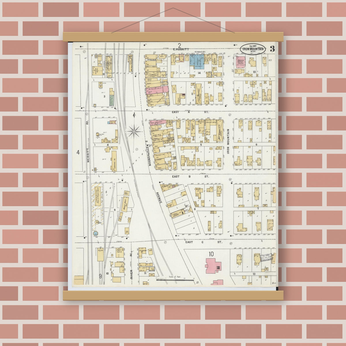 Old map wall art mockup — magnetic wood frame on brick wall — Sanborn Fire Insurance Map from Iron Mountain, Dickinson County, Michigan (1897), Sheet #0003
