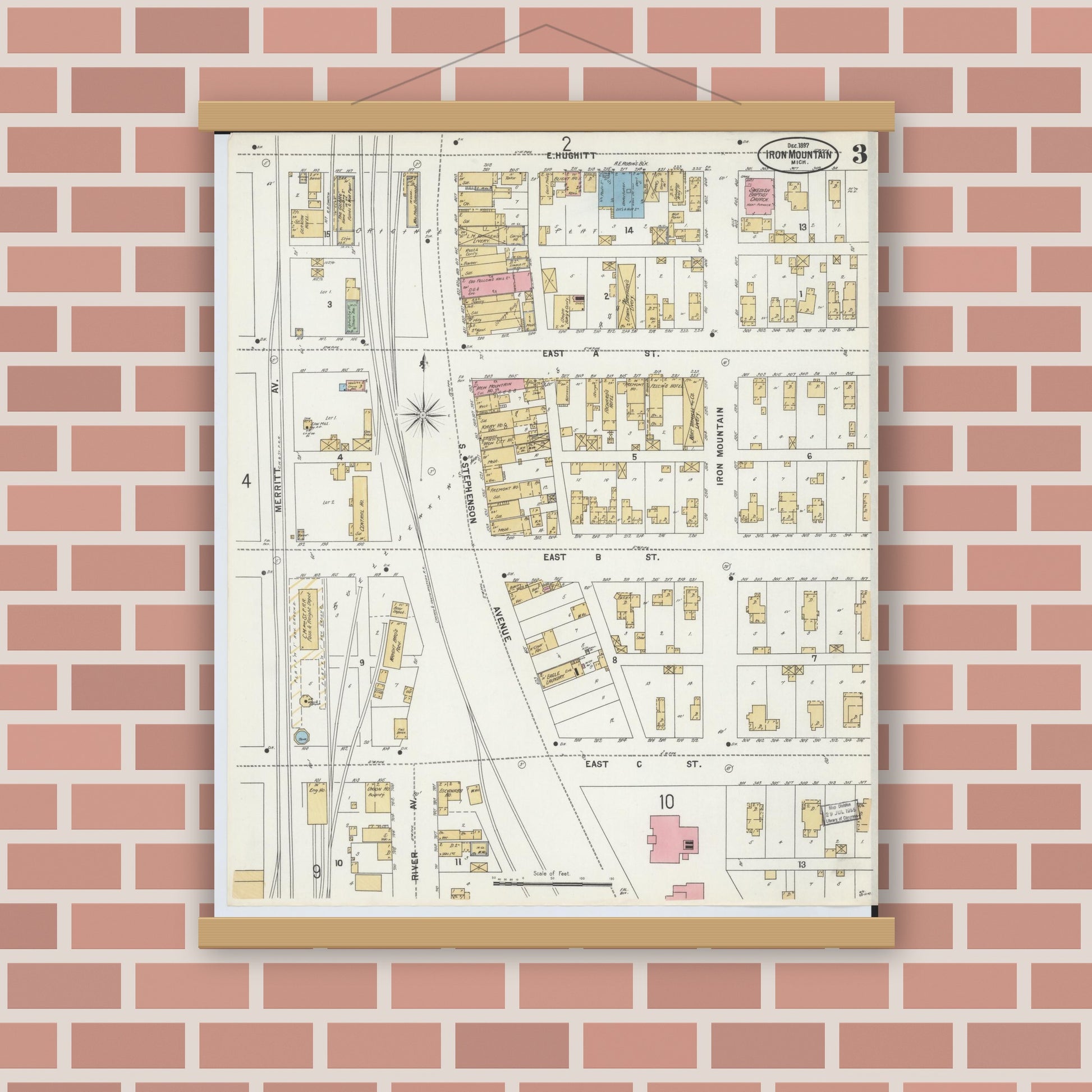 Old map wall art mockup — magnetic wood frame on brick wall — Sanborn Fire Insurance Map from Iron Mountain, Dickinson County, Michigan (1897), Sheet #0003