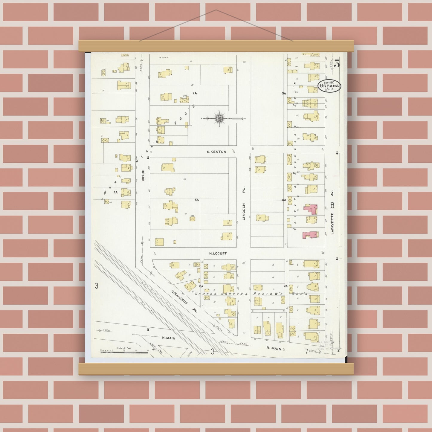 Old map wall art mockup — magnetic wood frame on brick wall — Sanborn Fire Insurance Map from Urbana, Champaign County, Ohio (1910), Sheet #0005