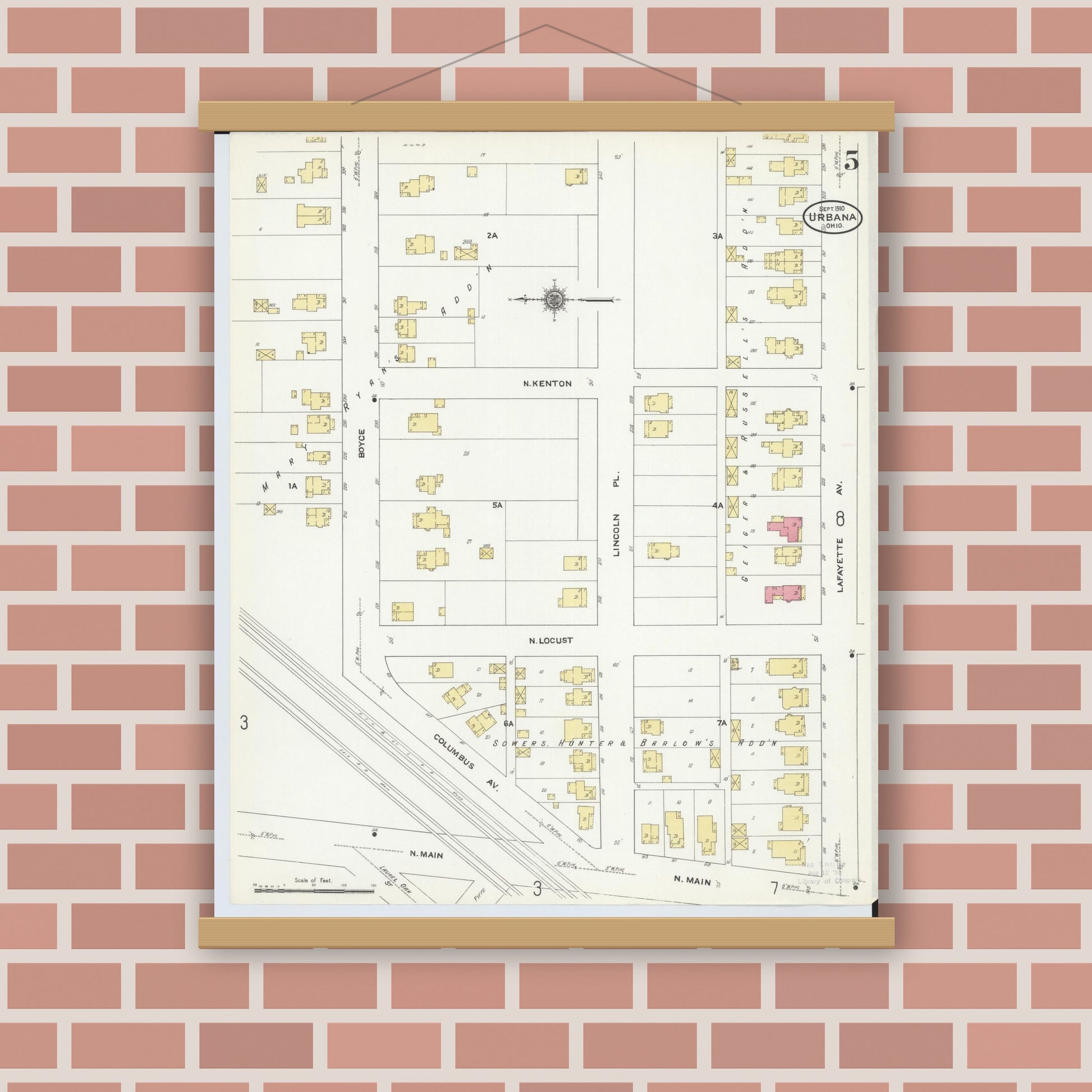 Old map wall art mockup — magnetic wood frame on brick wall — Sanborn Fire Insurance Map from Urbana, Champaign County, Ohio (1910), Sheet #0005