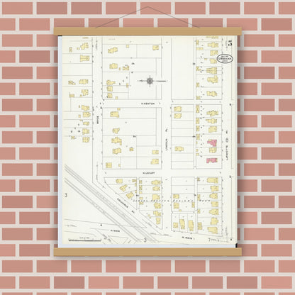 Old map wall art mockup — magnetic wood frame on brick wall — Sanborn Fire Insurance Map from Urbana, Champaign County, Ohio (1910), Sheet #0005