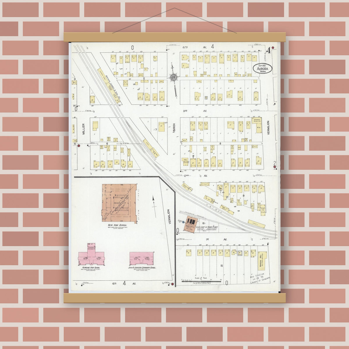 Old map wall art mockup — magnetic wood frame on brick wall — Sanborn Fire Insurance Map from Aurora, Saint Louis County, Minnesota (1921), Sheet #0004