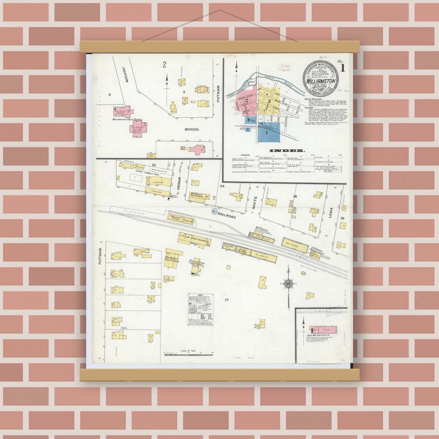 Old map wall art mockup — magnetic wood frame on brick wall — Sanborn Fire Insurance Map from Williamston, Ingham County, Michigan (1910) - Complete Map Set