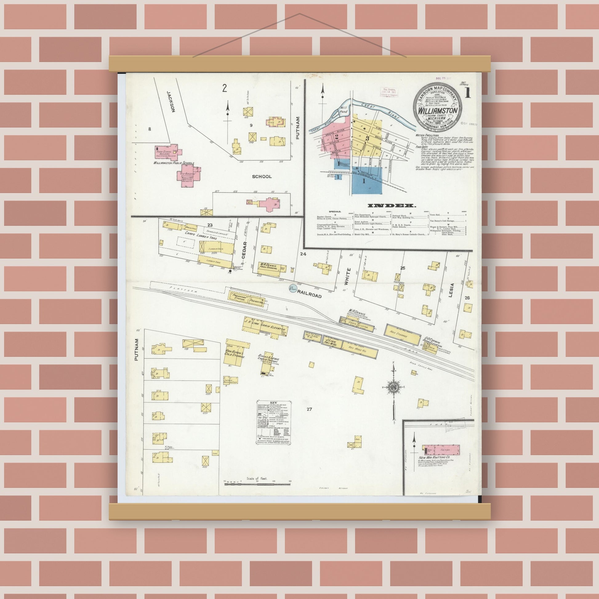 Old map wall art mockup — magnetic wood frame on brick wall — Sanborn Fire Insurance Map from Williamston, Ingham County, Michigan (1910) - Complete Map Set